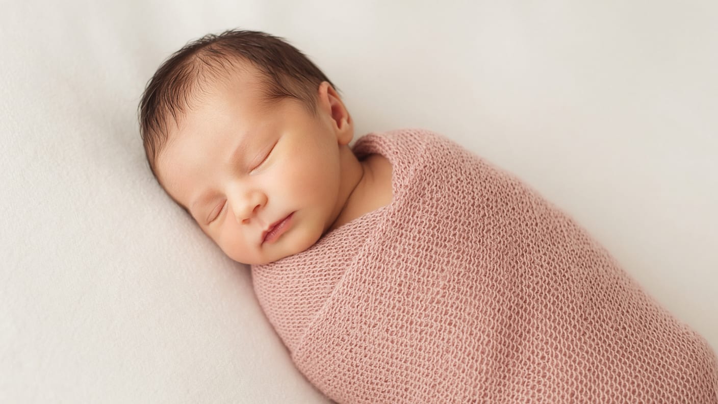 Sleeping newborn wrapped in dusty rose knit